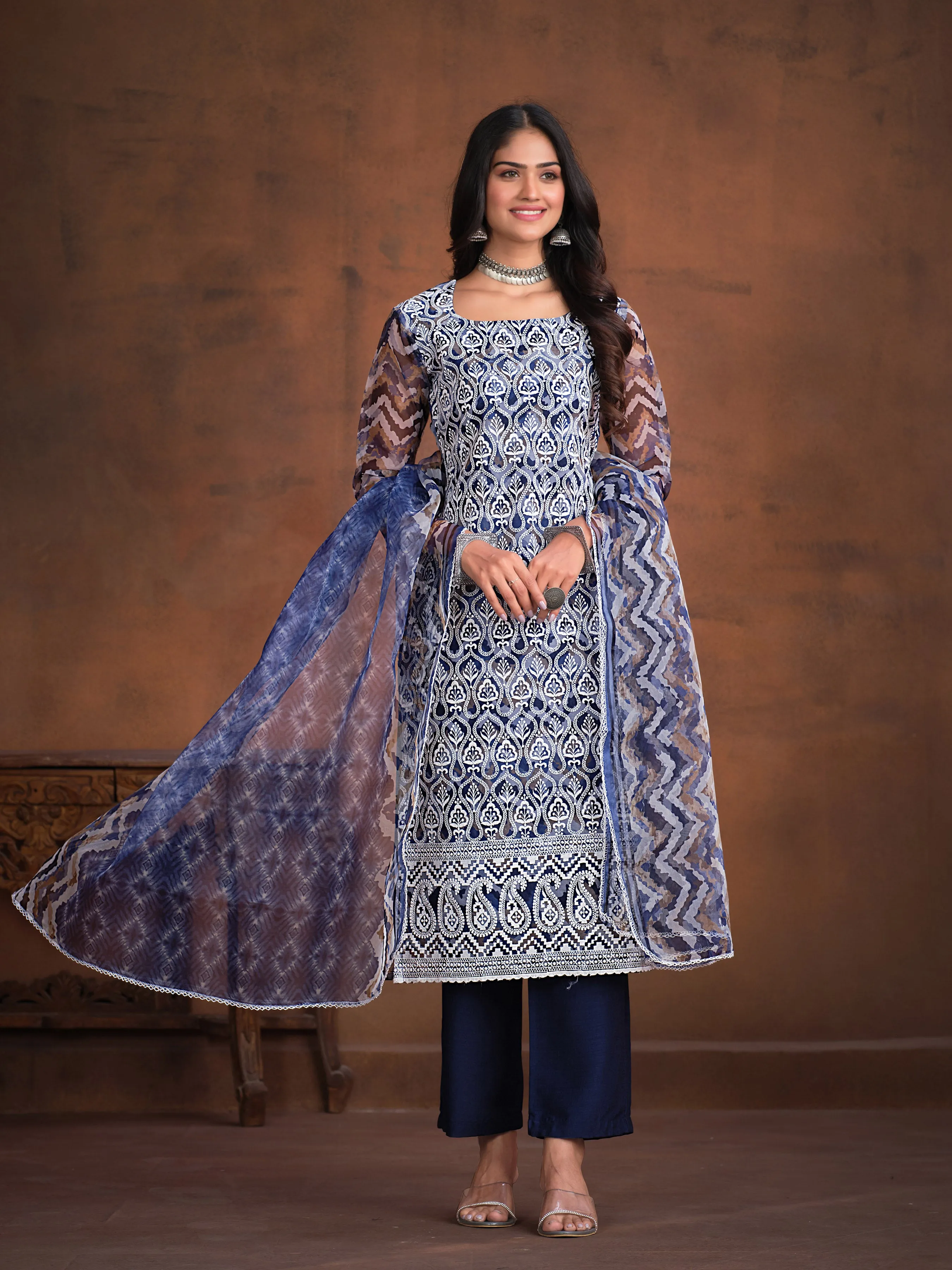 Ethnic Motifs Embroidered Square Neck Chikankari Kurta with Trousers & With Dupatta