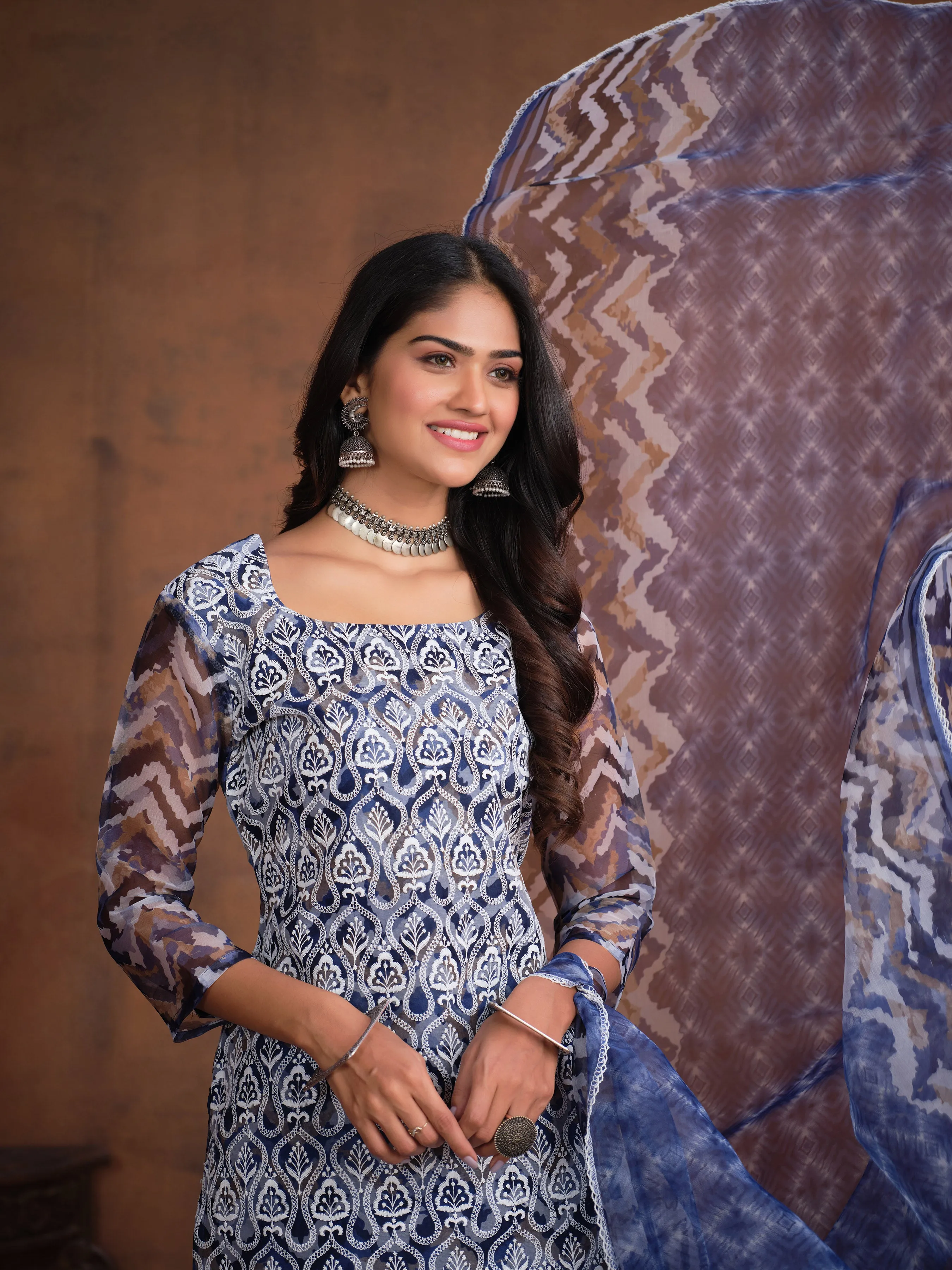 Ethnic Motifs Embroidered Square Neck Chikankari Kurta with Trousers & With Dupatta