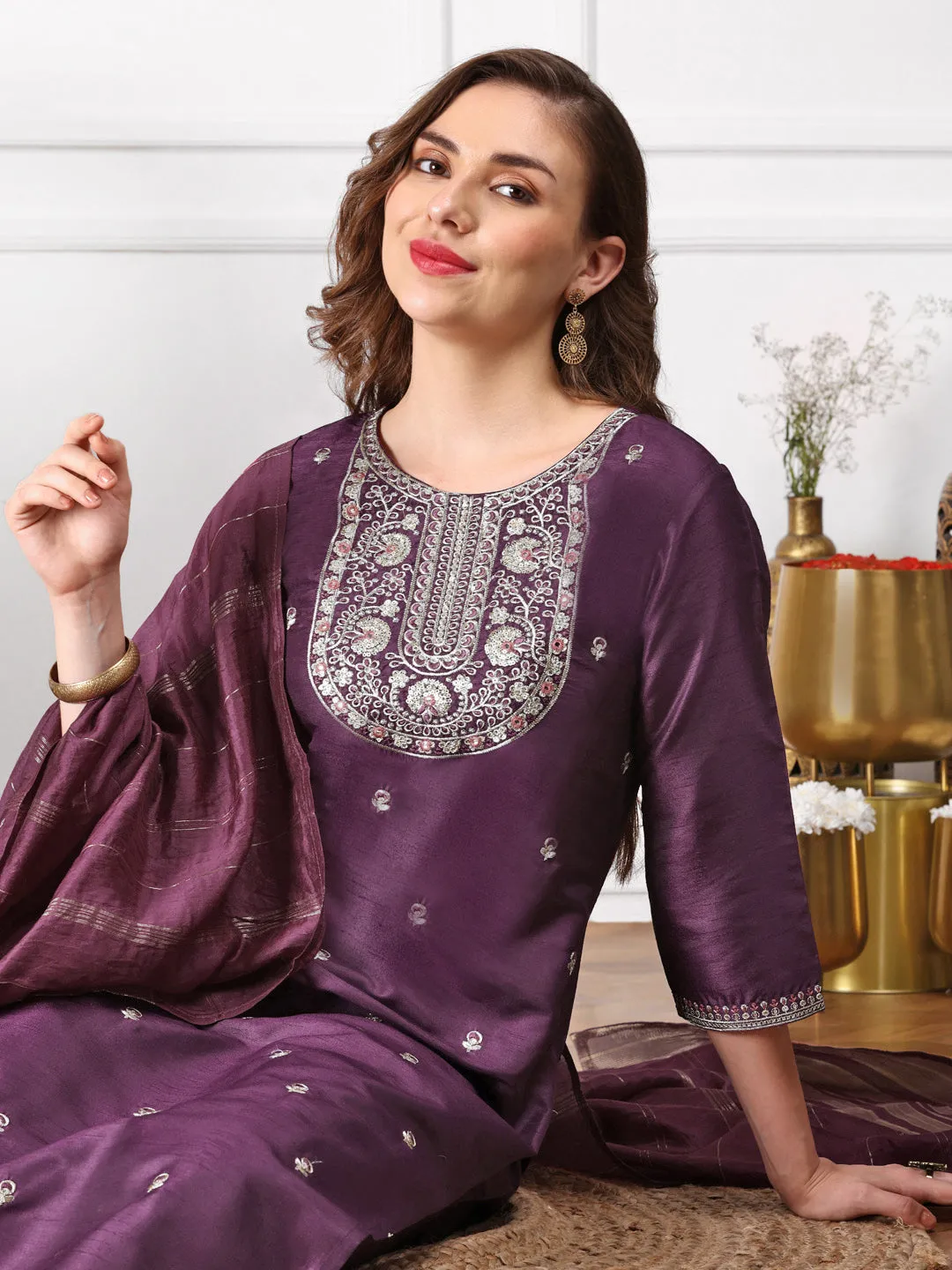 Ethnic Motifs Embroidered Straight Kurta & Trousers With Dupatta