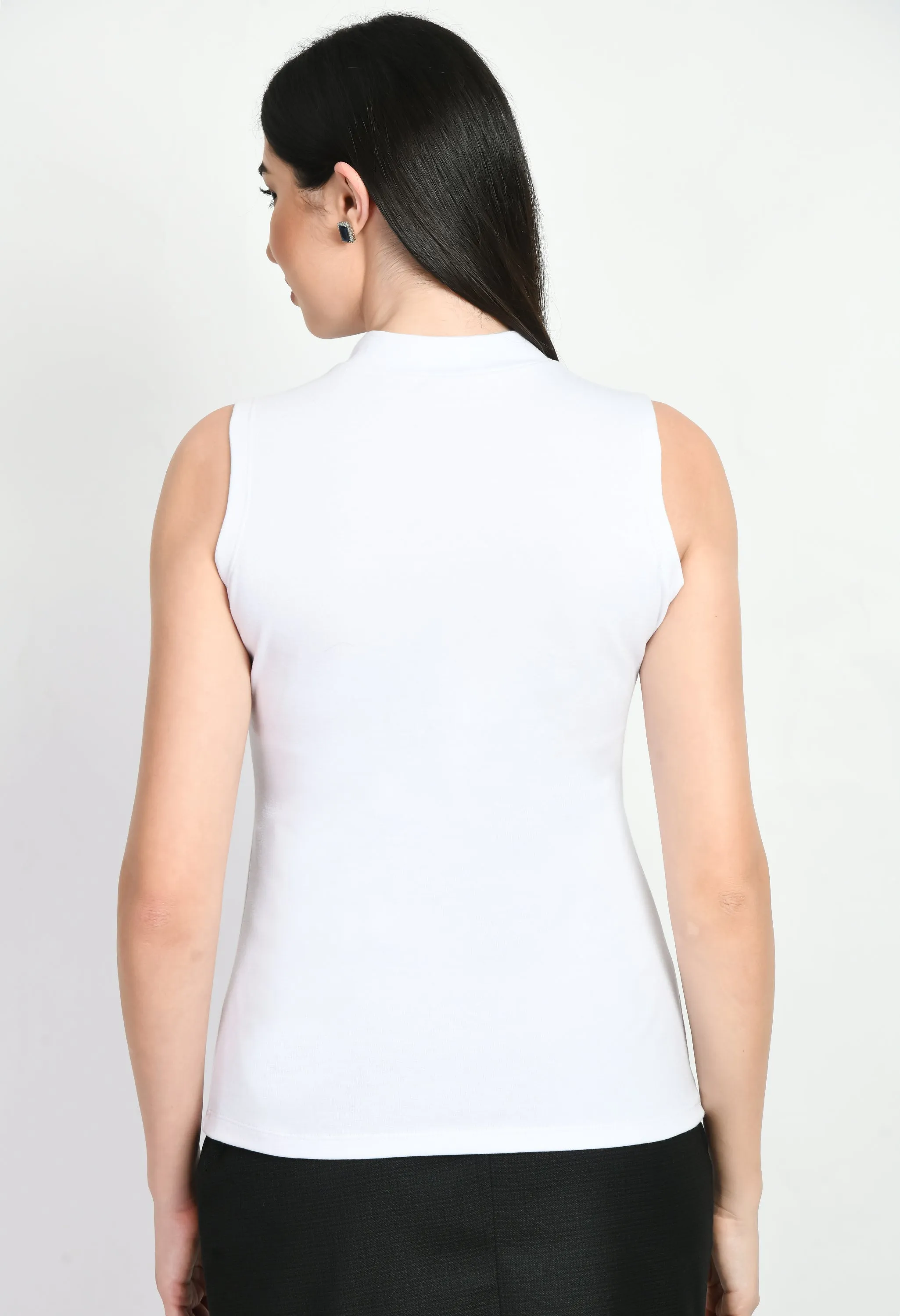 Exude Prudence High Neck Sleeveless T-shirt (White)