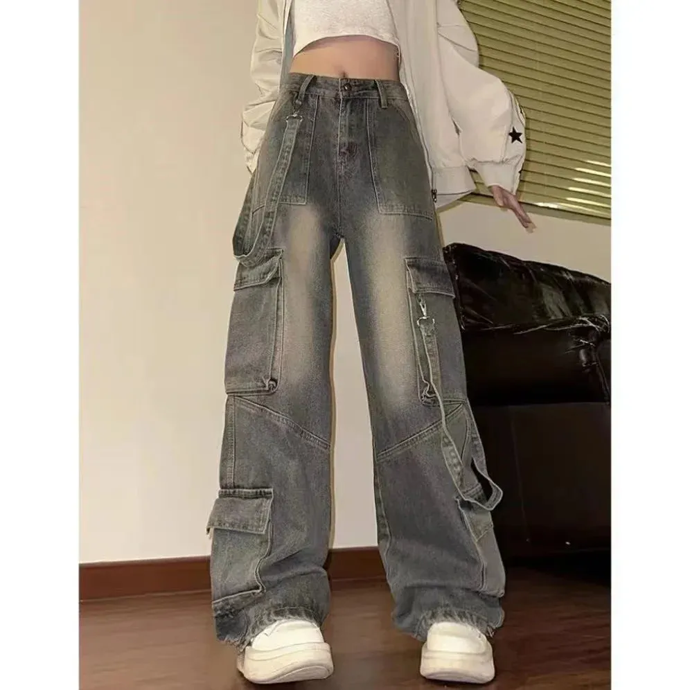 Fashion Multi-pocket Design Street Jeans Women Wide Legs Loose Washed Old Pants