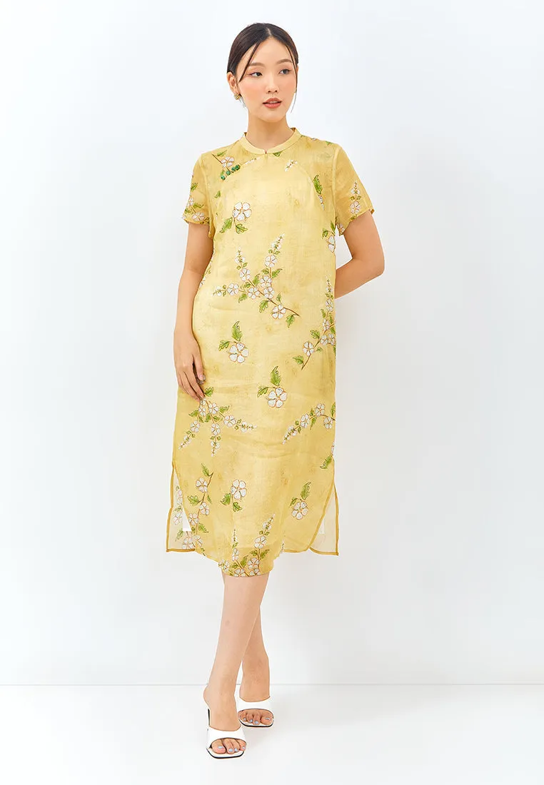 Floral Cheongsam Dress in Mustard Yellow