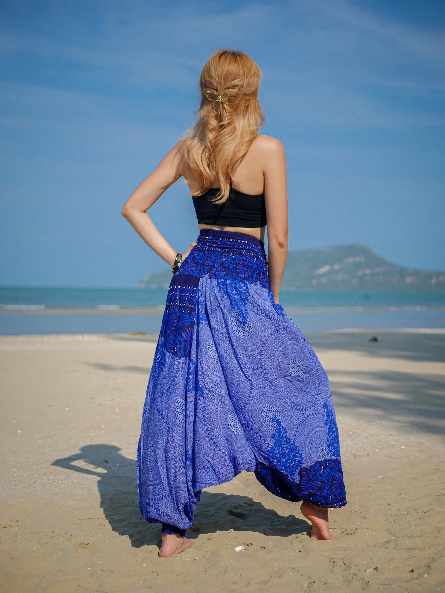 Fresh Blue Floral Mandala Low Cut Harem Pants