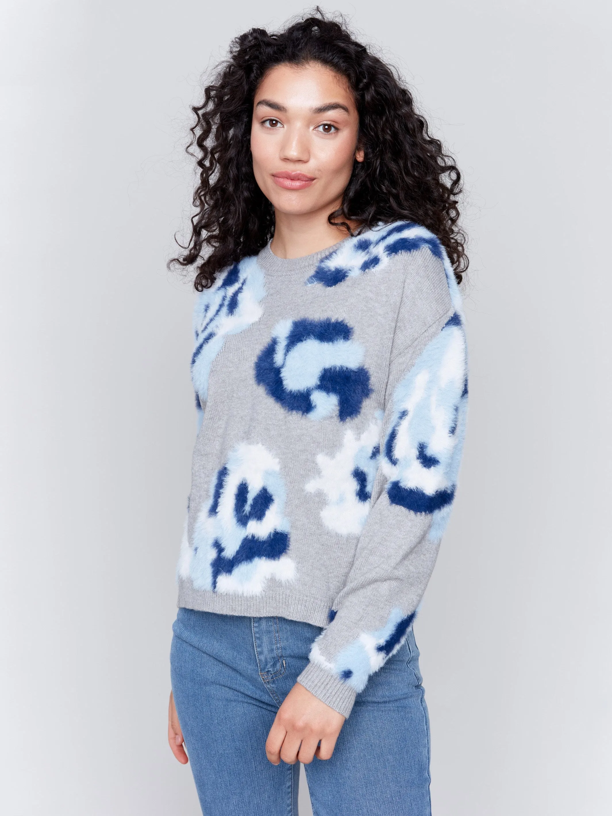 Fuzzy Floral Jacquard Knit Sweater - Light Grey