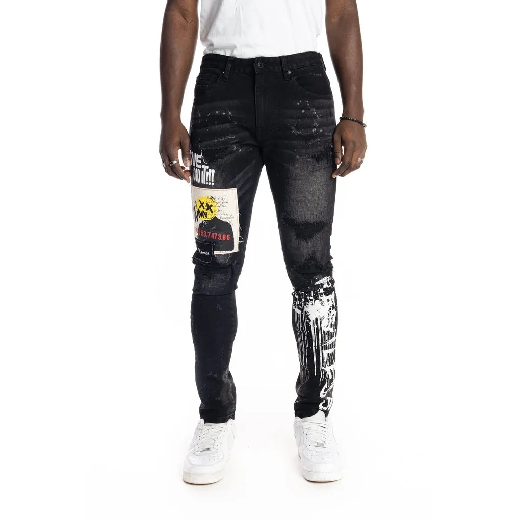 Graphic Patched Fashion Jeans - Dusty Black