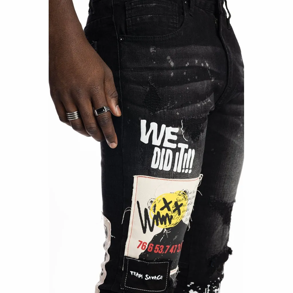 Graphic Patched Fashion Jeans - Dusty Black