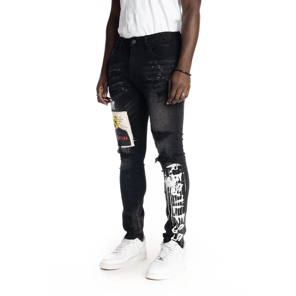 Graphic Patched Fashion Jeans - Dusty Black