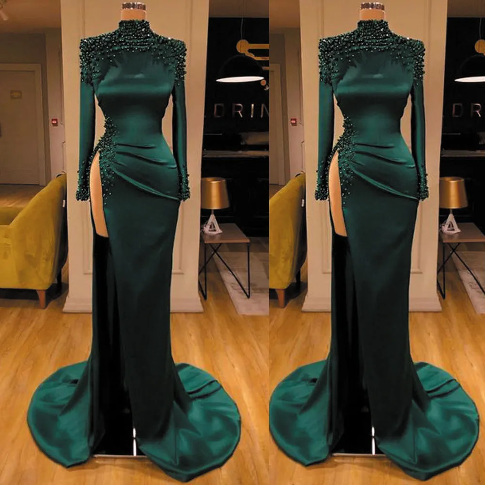 green evening dresses long sleeve beaded mermaid elegant high neck sexy formal dresses 2021 vestido de longo