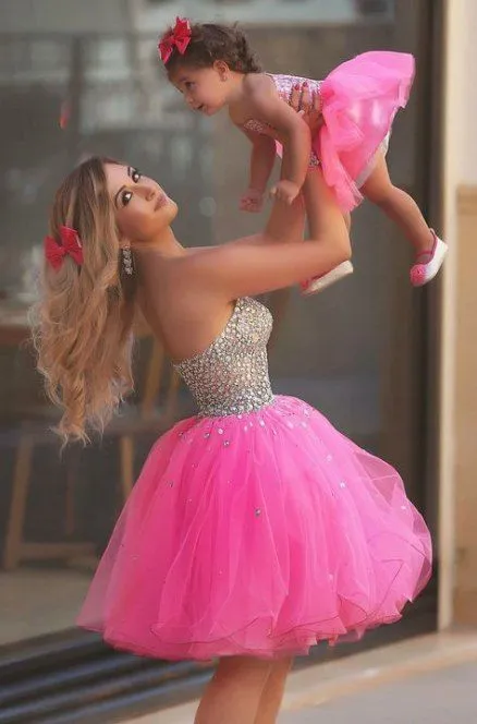 hot pink beaded prom dresses short mother and daughter matching dresses toddler little girl dresses (price is for both dresses)