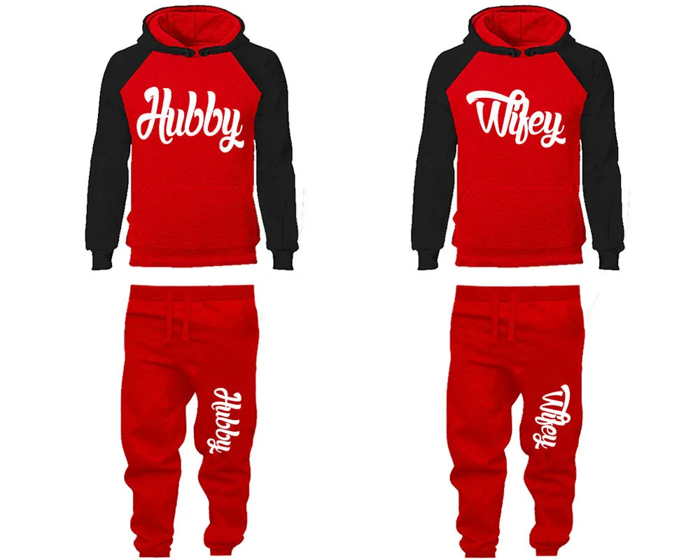 Hubby Wifey Couple Matching Raglan Hoodies and Jogger Pants Top & Bottom Sets