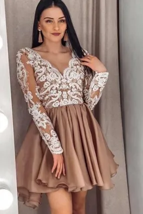 khaki prom dresses short lace applique v neck long sleeve cheap graduation dresses homecoming dresses