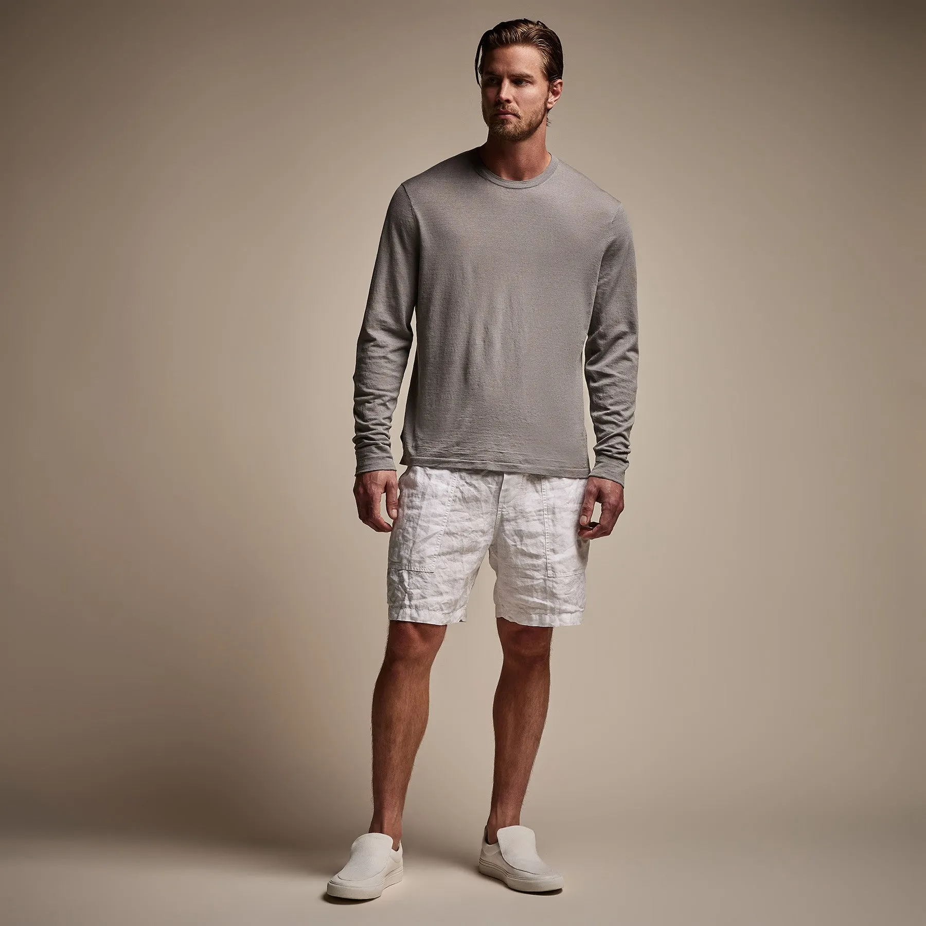 Linen Blend Long Sleeve Contrast Crew - Silver Grey/White