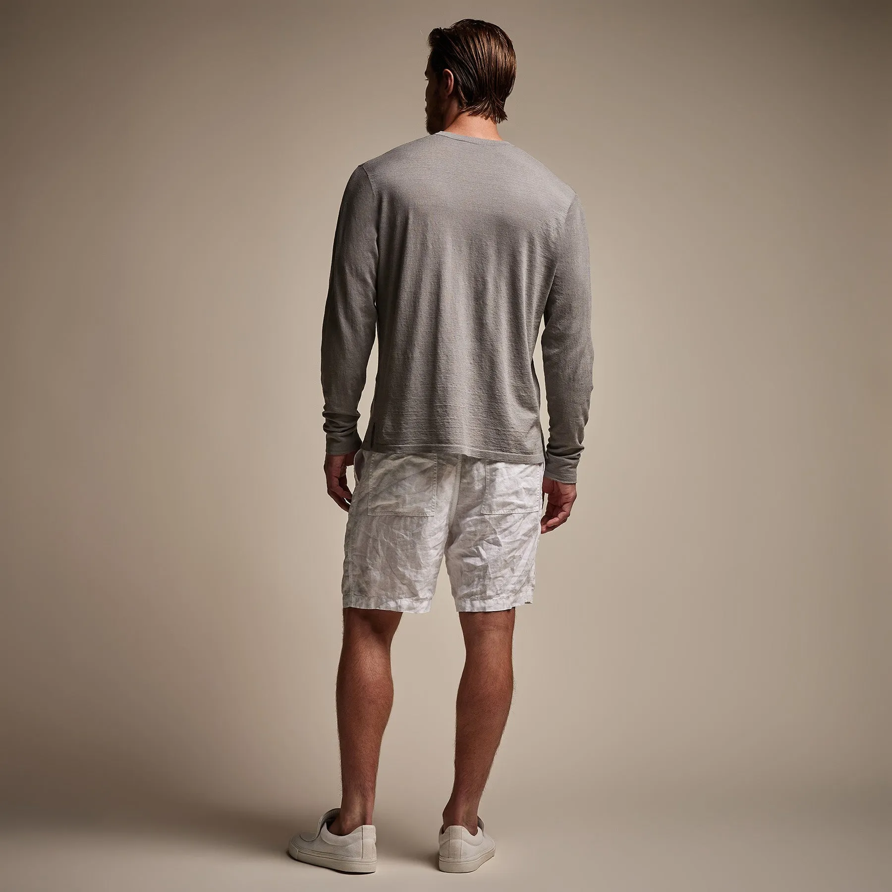 Linen Blend Long Sleeve Contrast Crew - Silver Grey/White