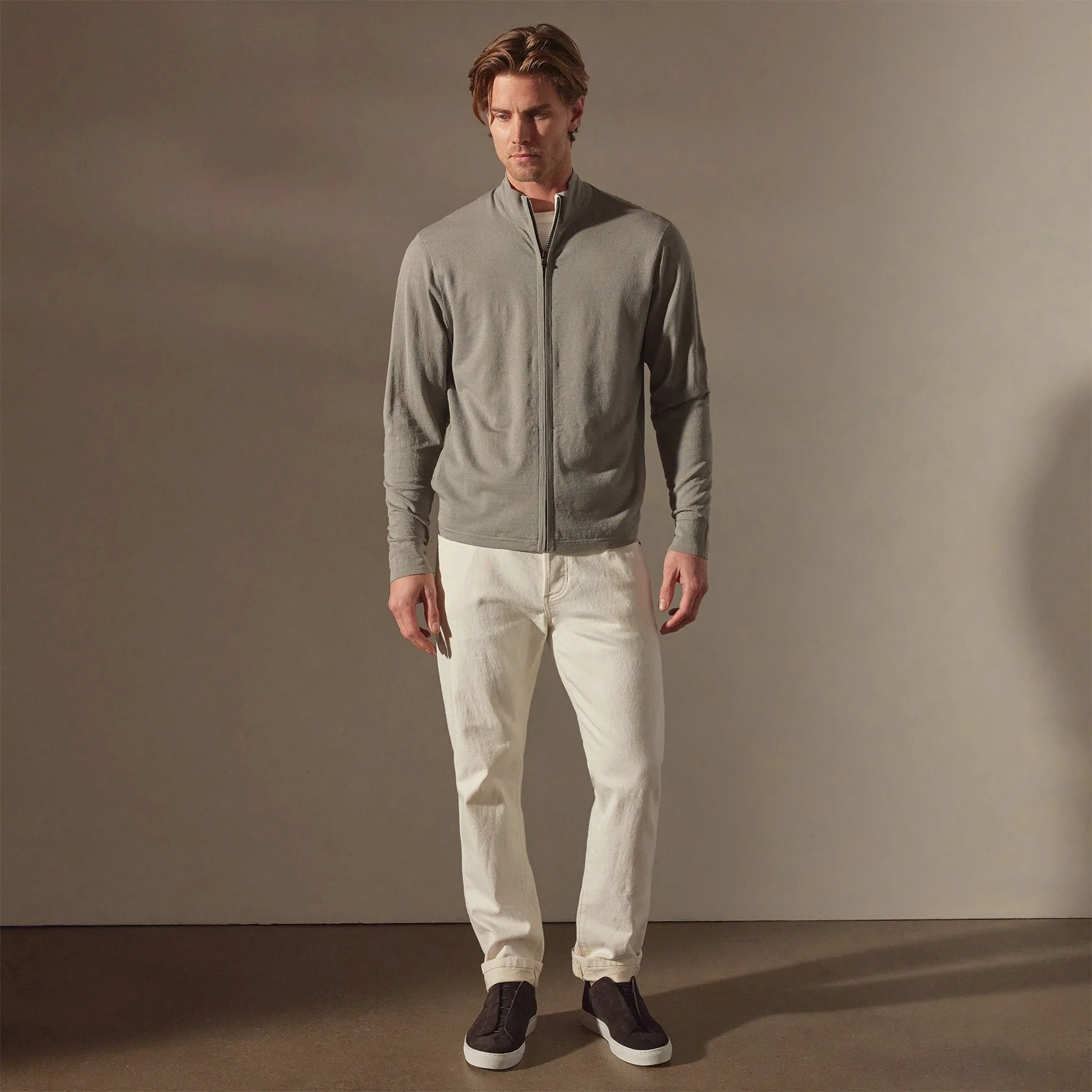 Linen Blend Zip Up - Silver Grey/White