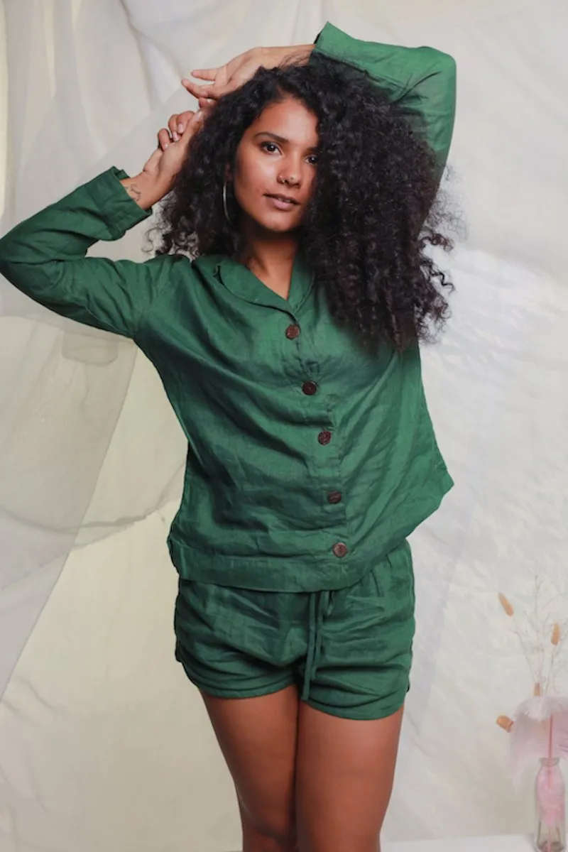 Linen Shirt & Short Set - Forest Green