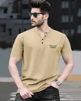 Men Beige V neck Button Half Sleeve T-shirt