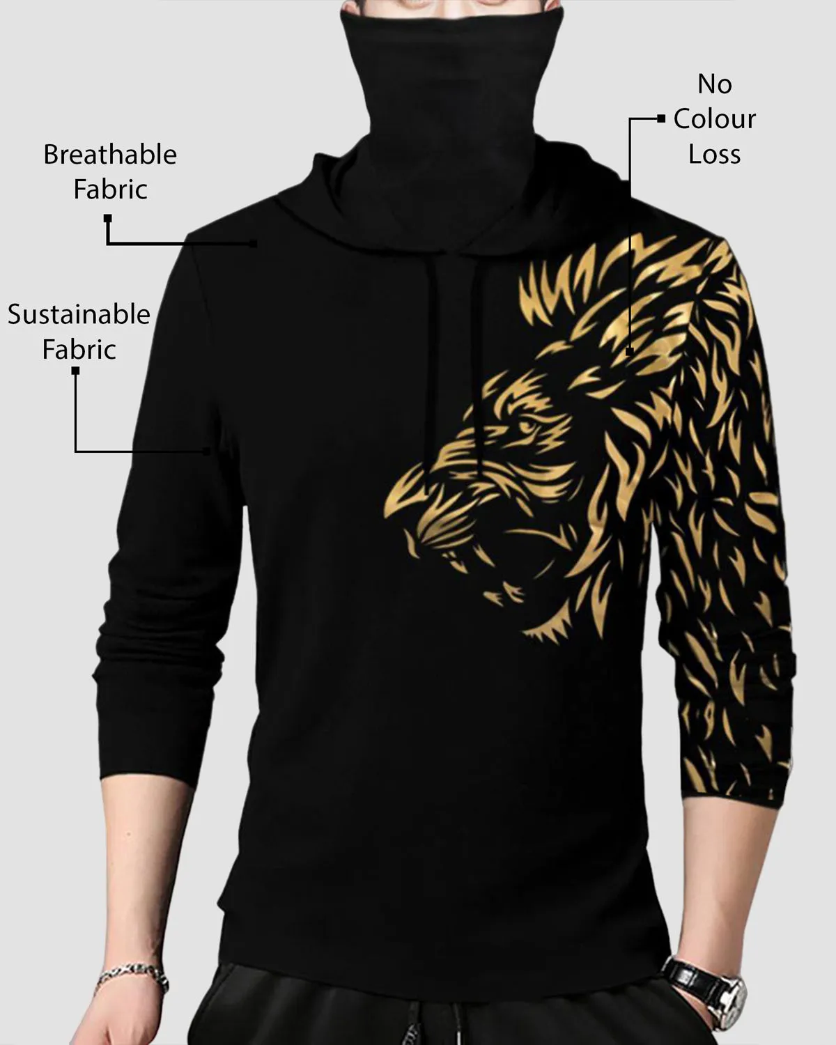 Men Black Lion Printed Hooded Mask T-shirt