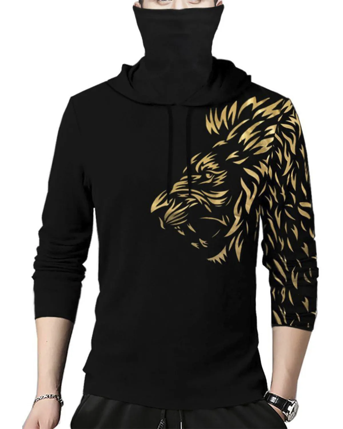 Men Black Lion Printed Hooded Mask T-shirt