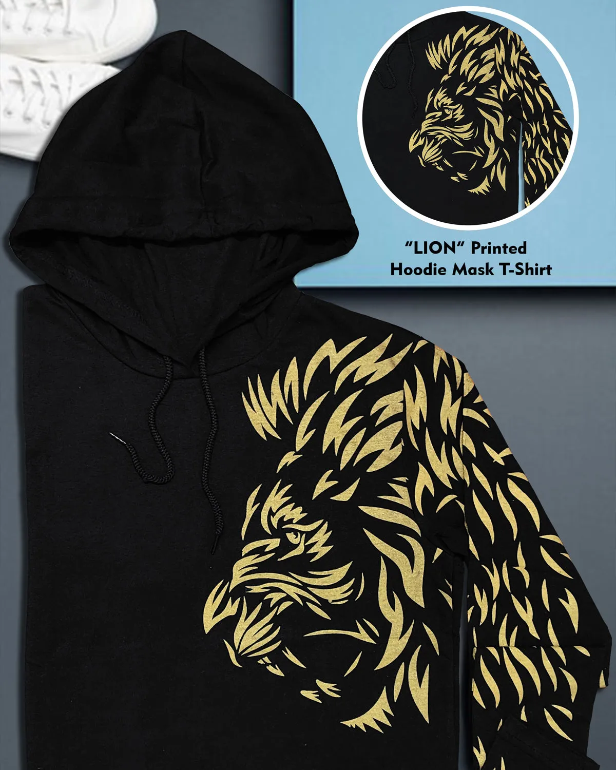 Men Black Lion Printed Hooded Mask T-shirt