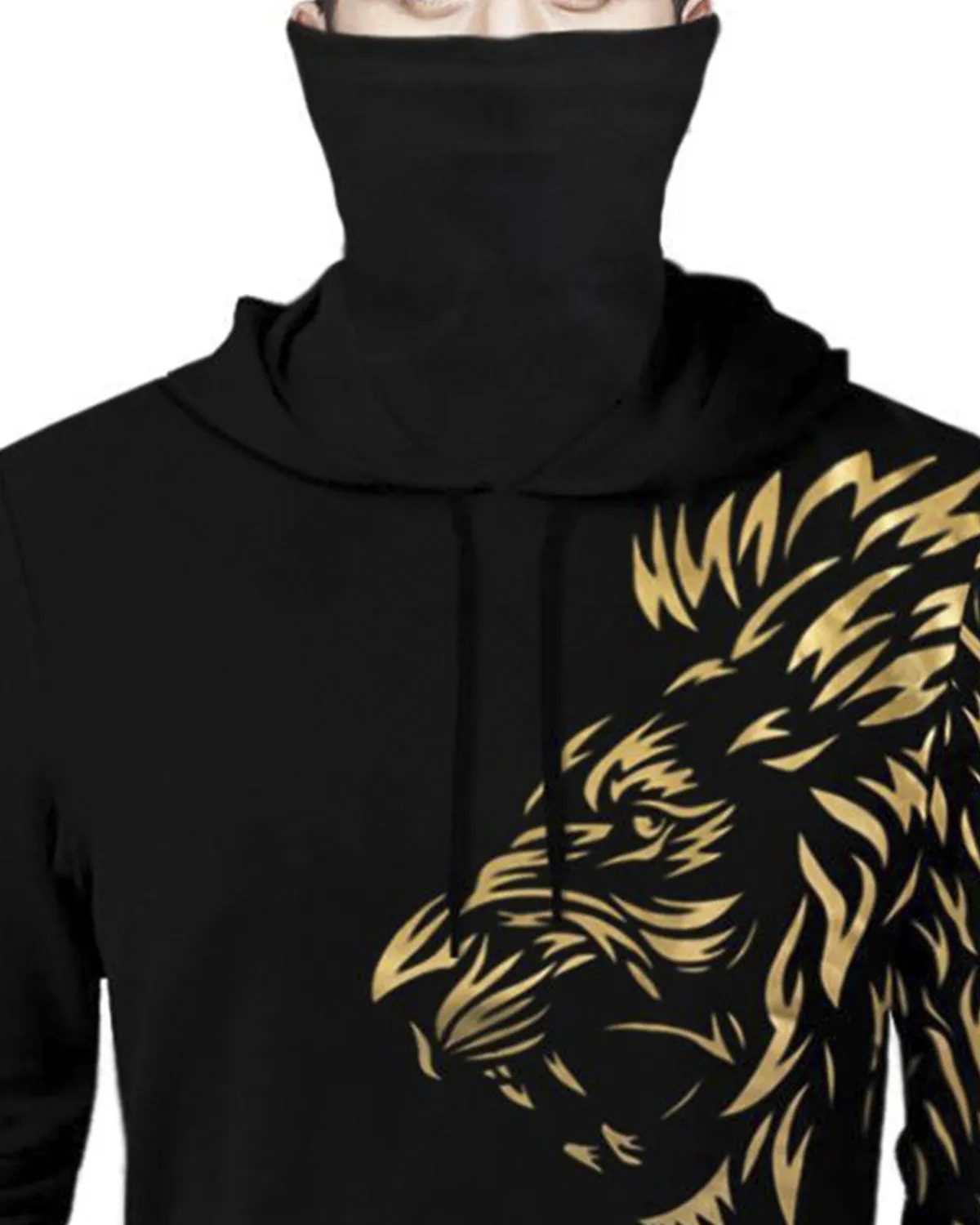 Men Black Lion Printed Hooded Mask T-shirt