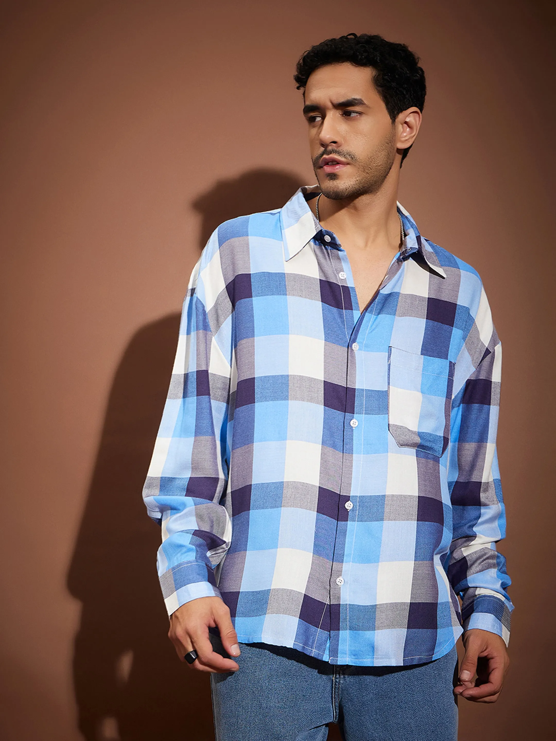 Men Blue & White Check Oversized Shirt