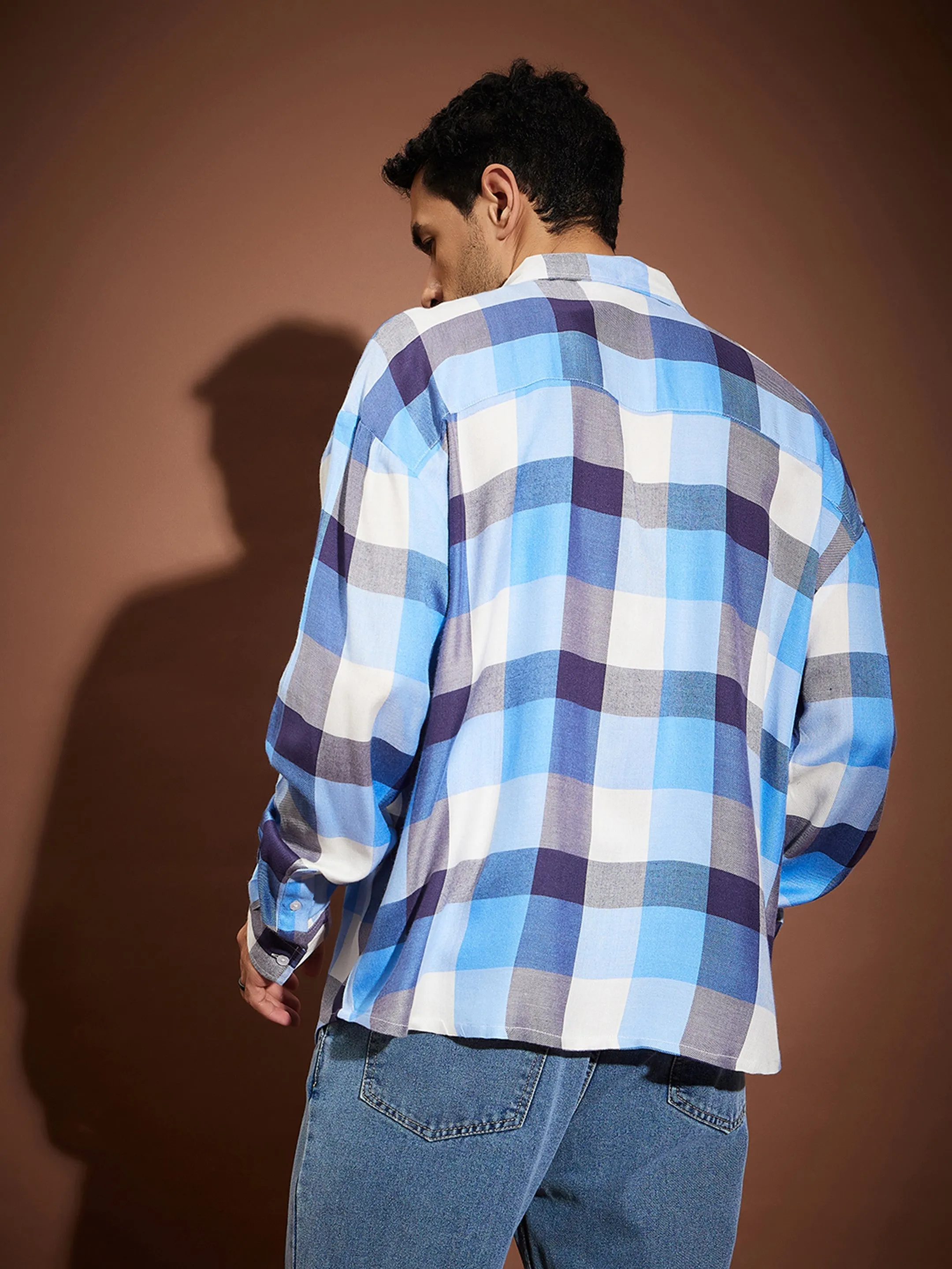 Men Blue & White Check Oversized Shirt