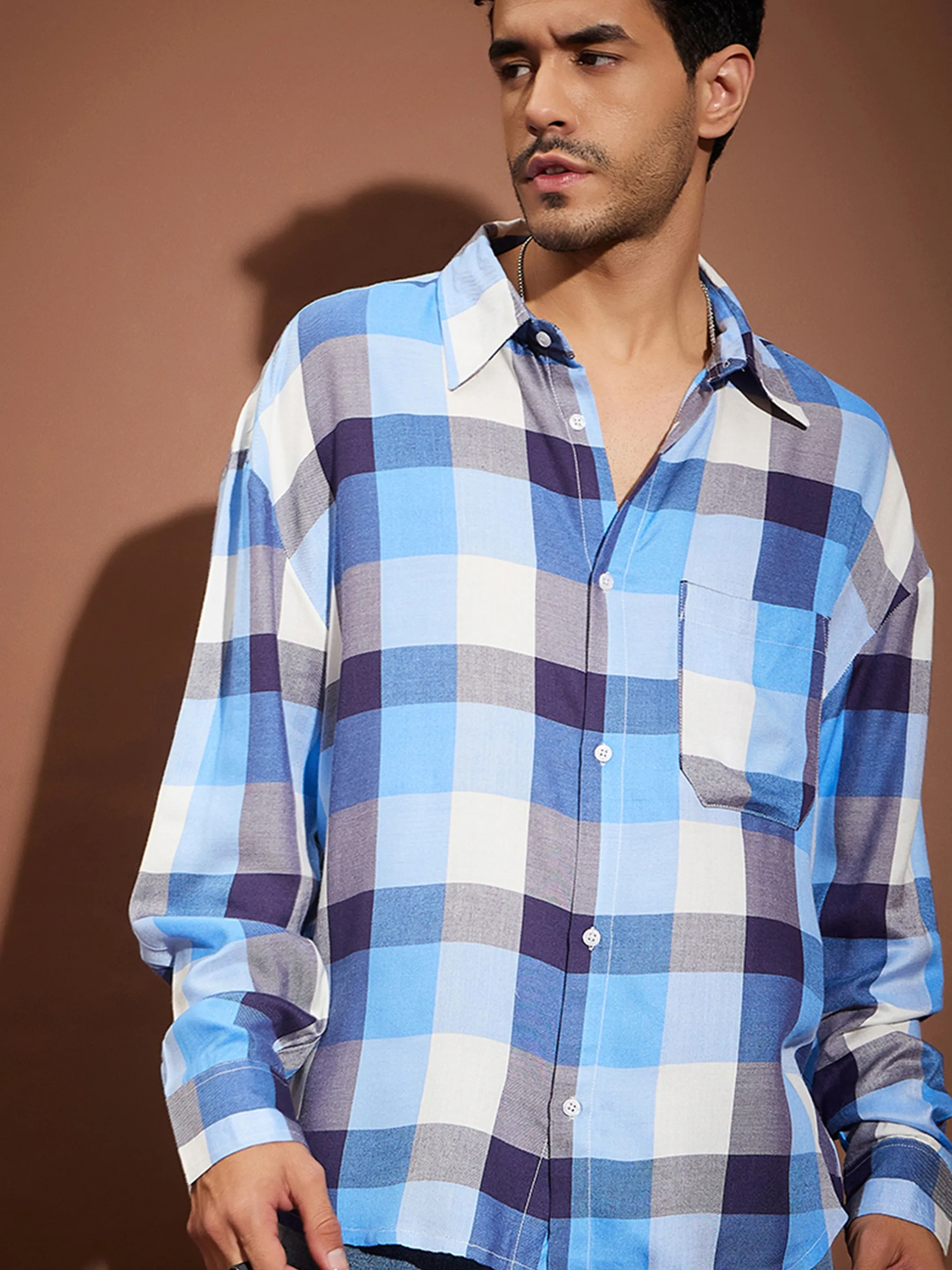 Men Blue & White Check Oversized Shirt