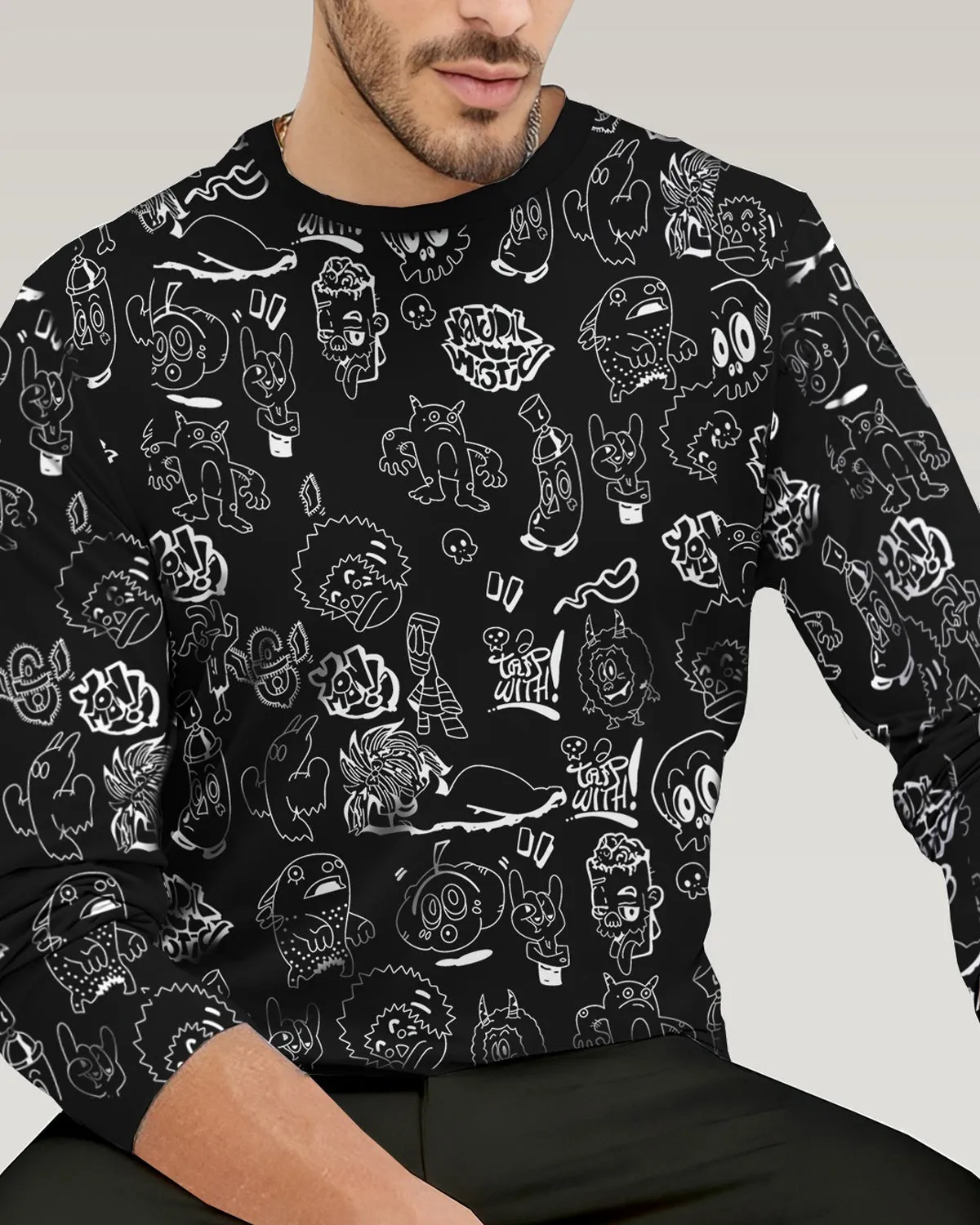 Men Full Sleeve Comic Strip Black Round Neck T-shirt