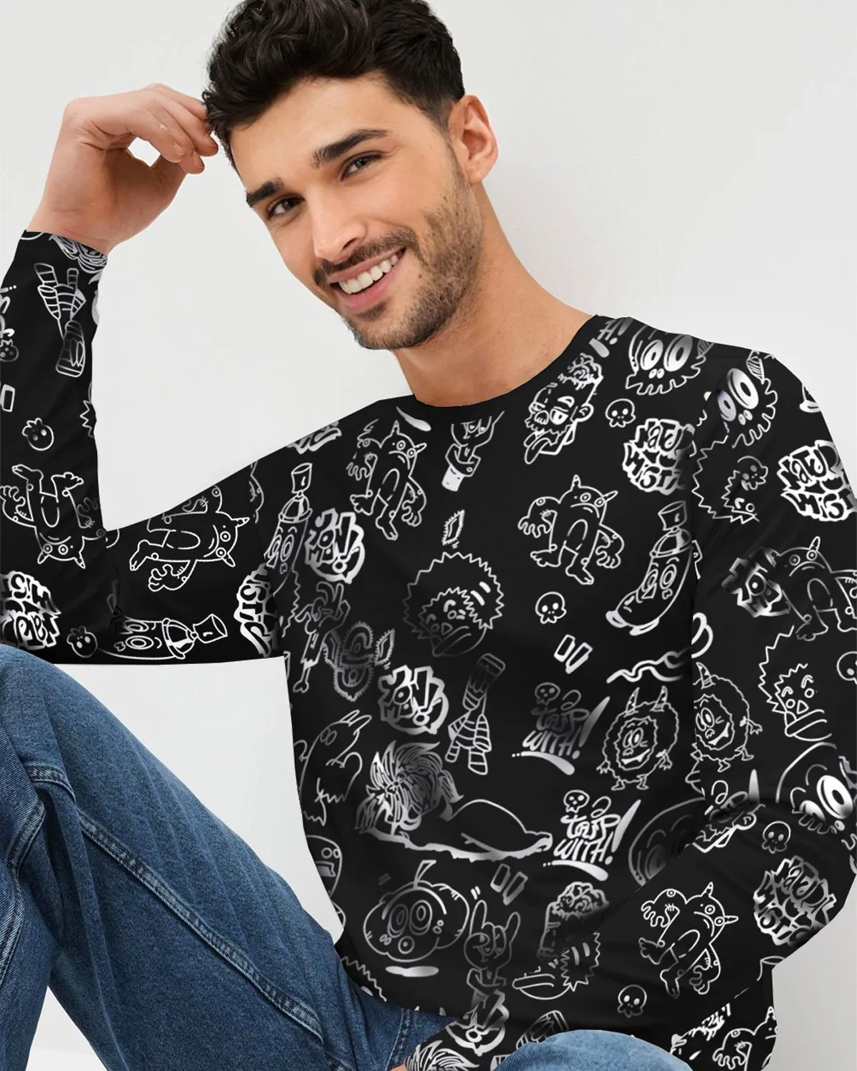 Men Full Sleeve Comic Strip Black Round Neck T-shirt