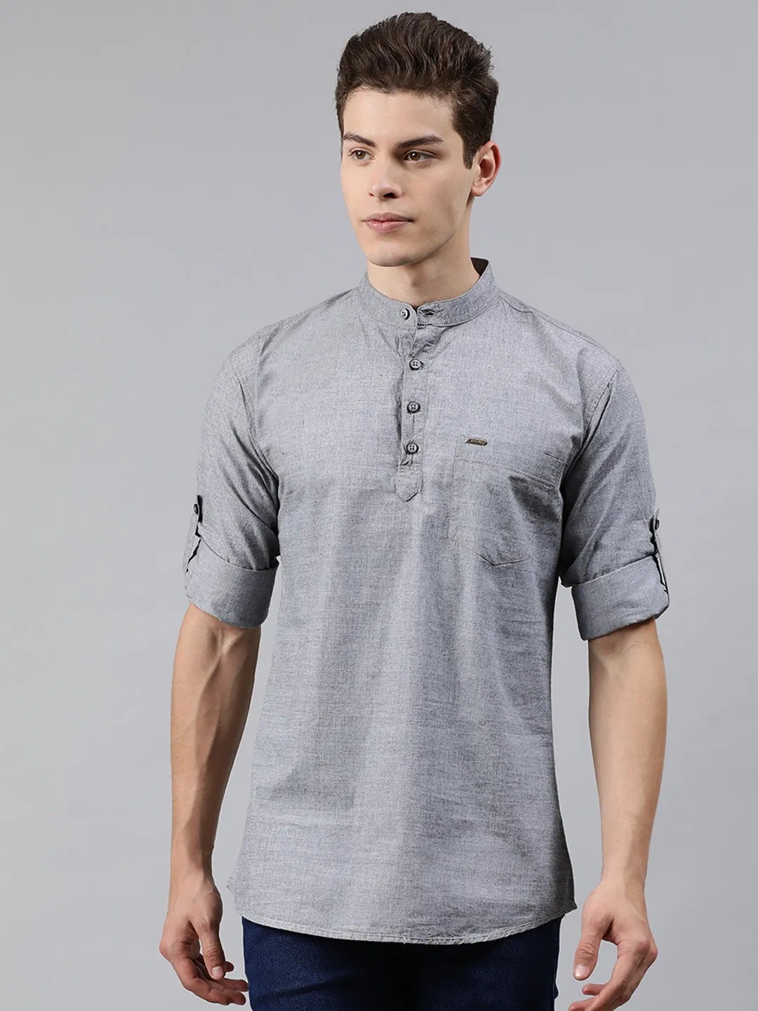 Men Grey Slim Fit Solid Casual Shirt