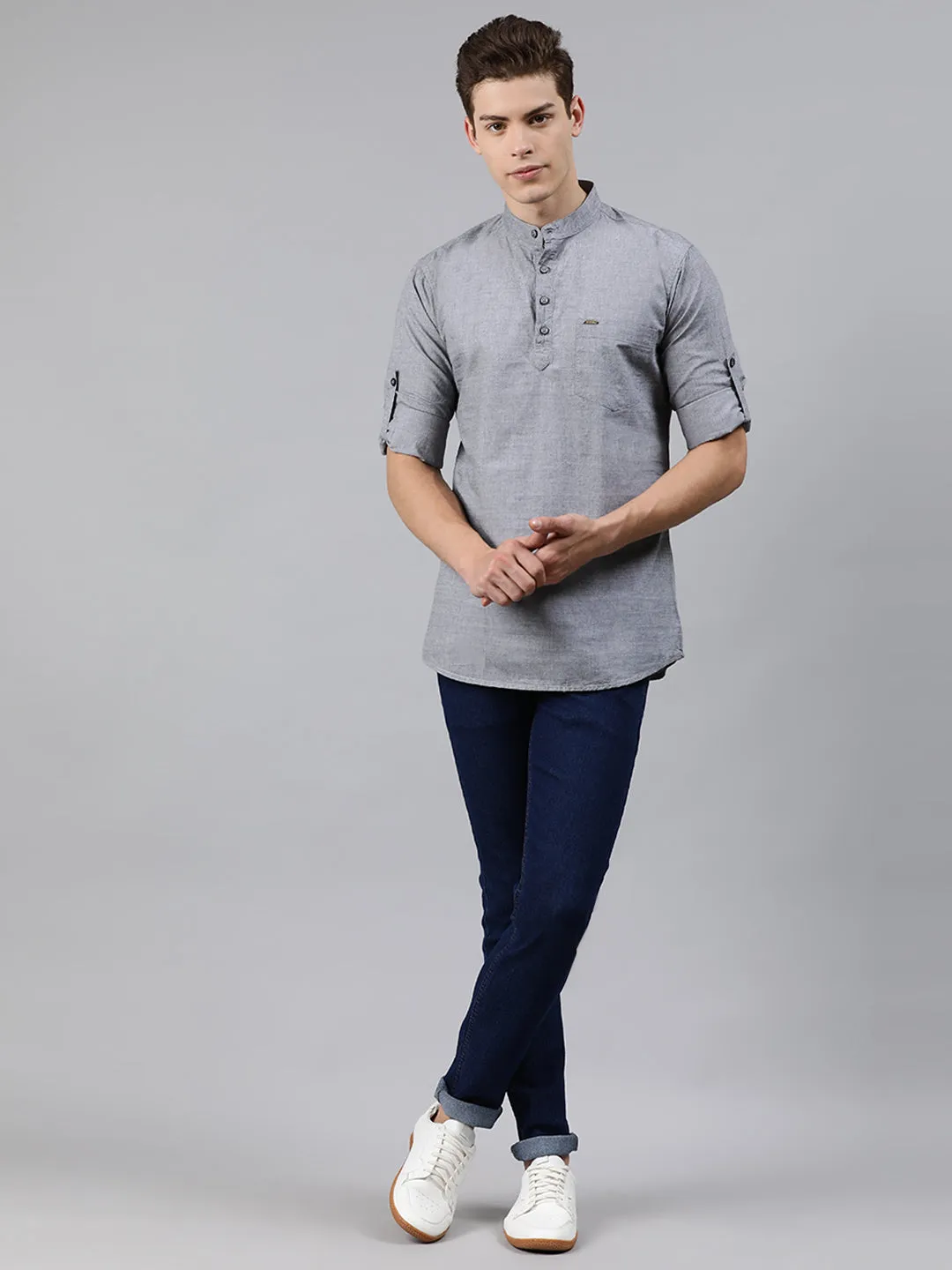 Men Grey Slim Fit Solid Casual Shirt