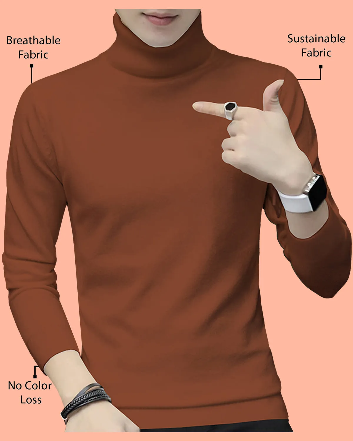 Men High Neck Solid Brown Full Sleeve T-shirt