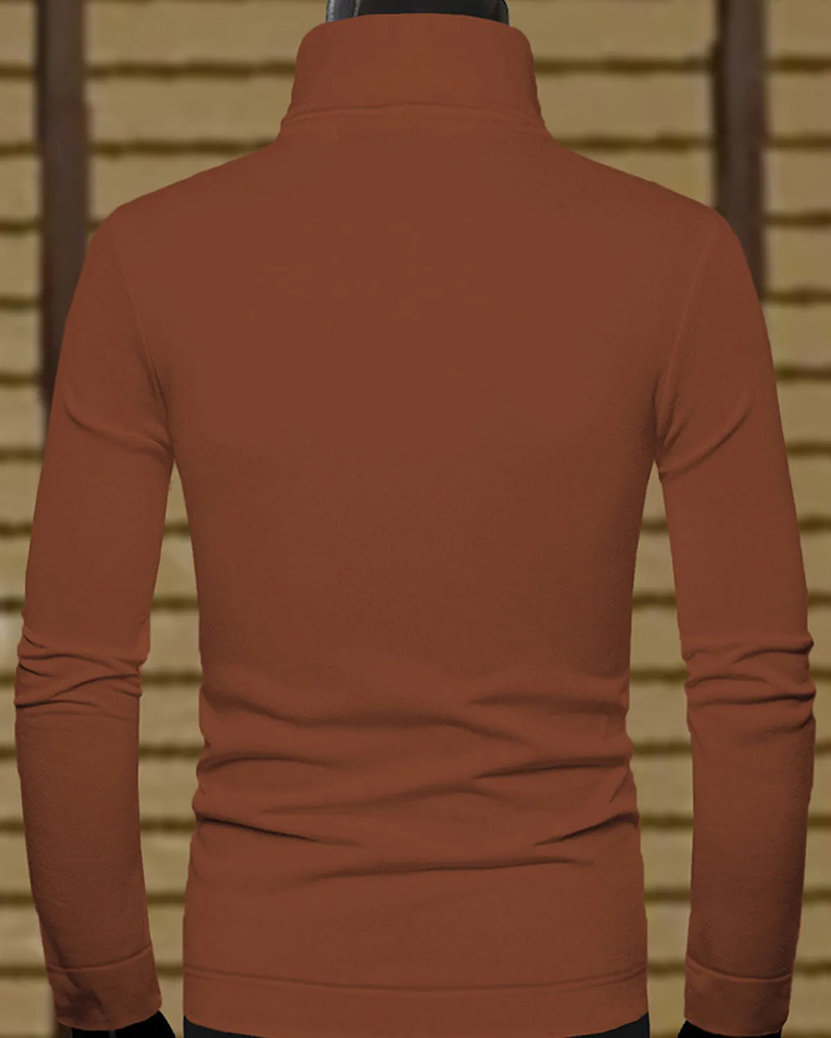 Men High Neck Solid Brown Full Sleeve T-shirt