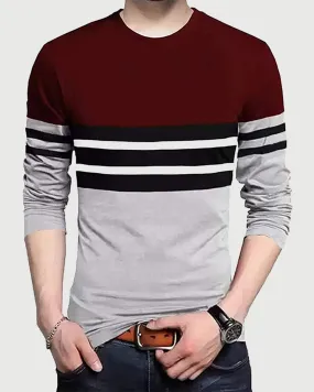 Men Maroon Grey Striped Long Sleeve T-Shirt