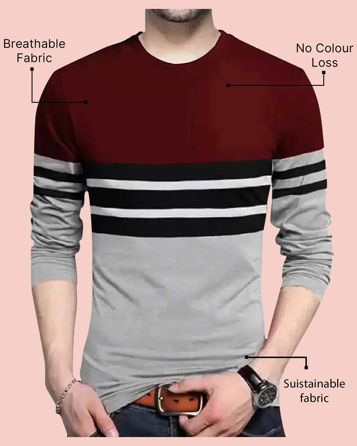 Men Maroon Grey Striped Long Sleeve T-Shirt