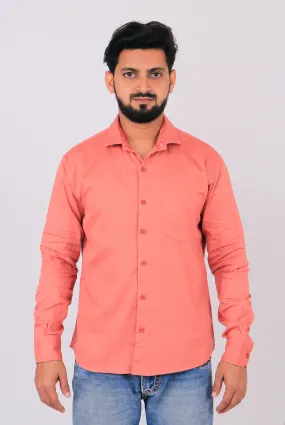 Men Peach Solid Long Roll-Up Sleeves Regular Fit Casual Shirt