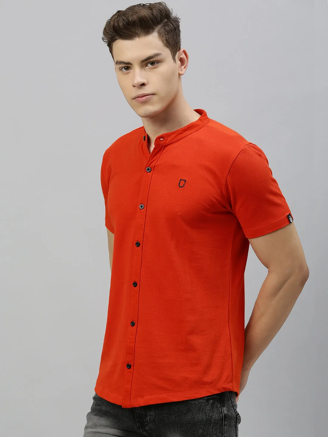 Men Rust Orange Slim Fit Solid Casual Shirt