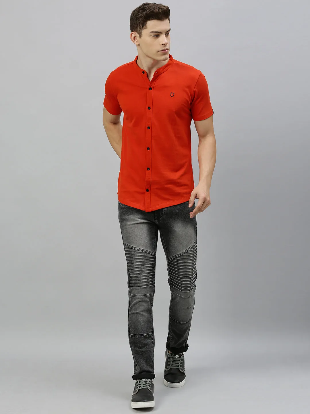 Men Rust Orange Slim Fit Solid Casual Shirt