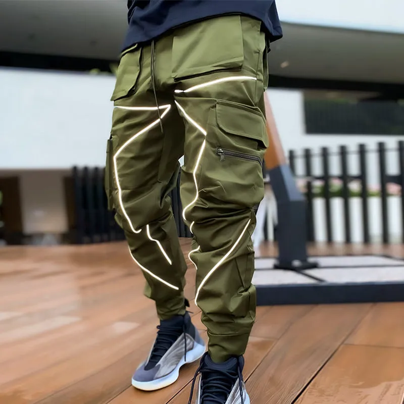 Men' s Fashion Reflective Strips Slim Fit Gym Workout Jogger Cargo Pants Ankle Banded | W302