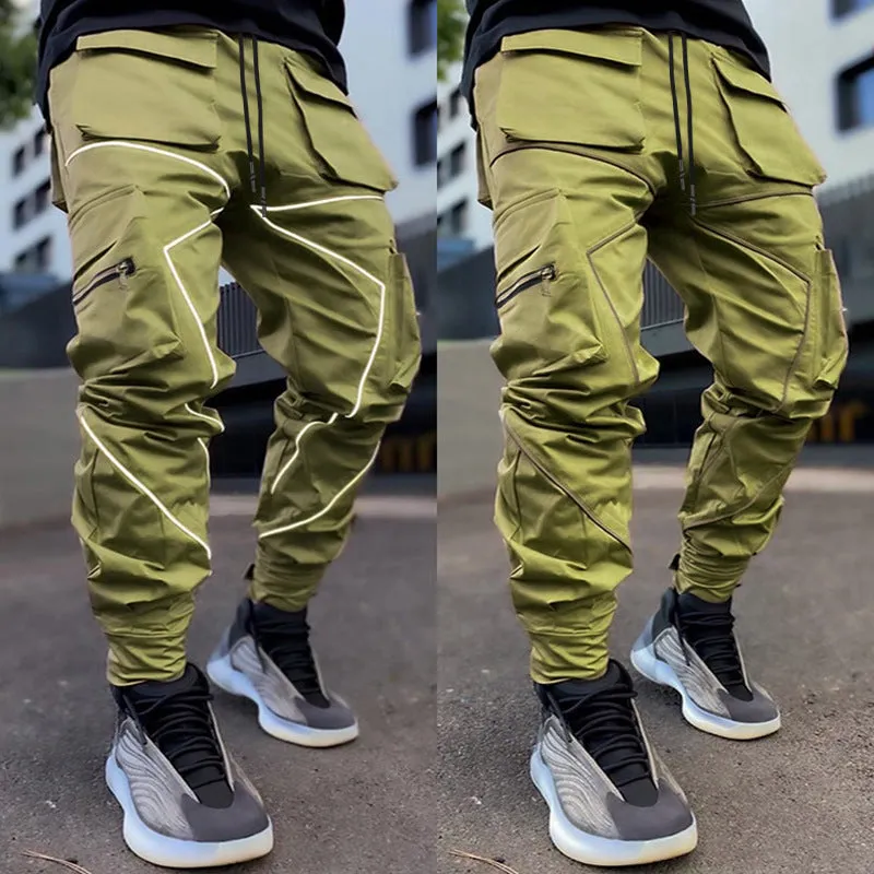 Men' s Fashion Reflective Strips Slim Fit Gym Workout Jogger Cargo Pants Ankle Banded | W302