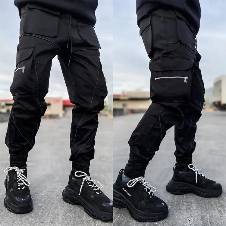 Men' s Fashion Reflective Strips Slim Fit Gym Workout Jogger Cargo Pants Ankle Banded | W302