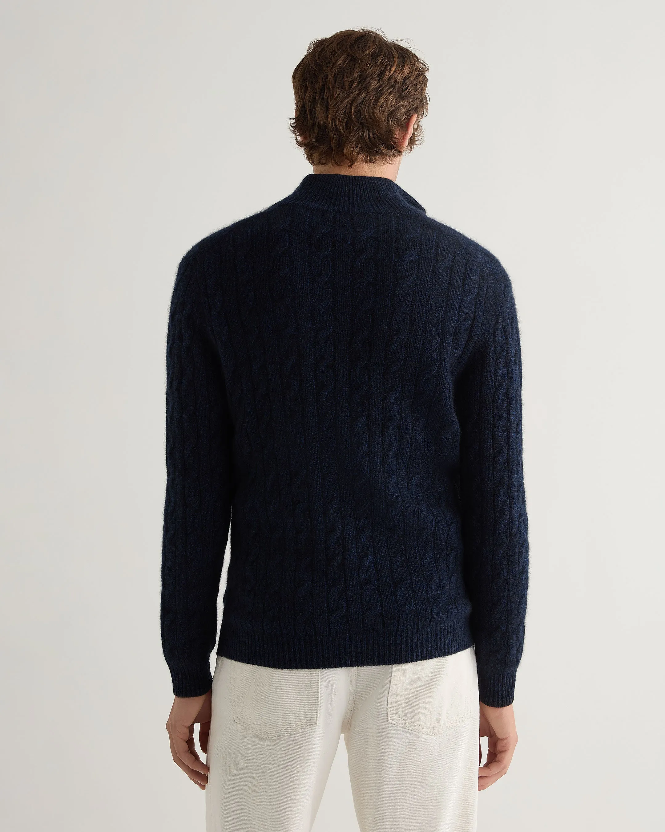 Men's Albemarle Cable Half Zip Cashmere Sweater Navy Blue Melange