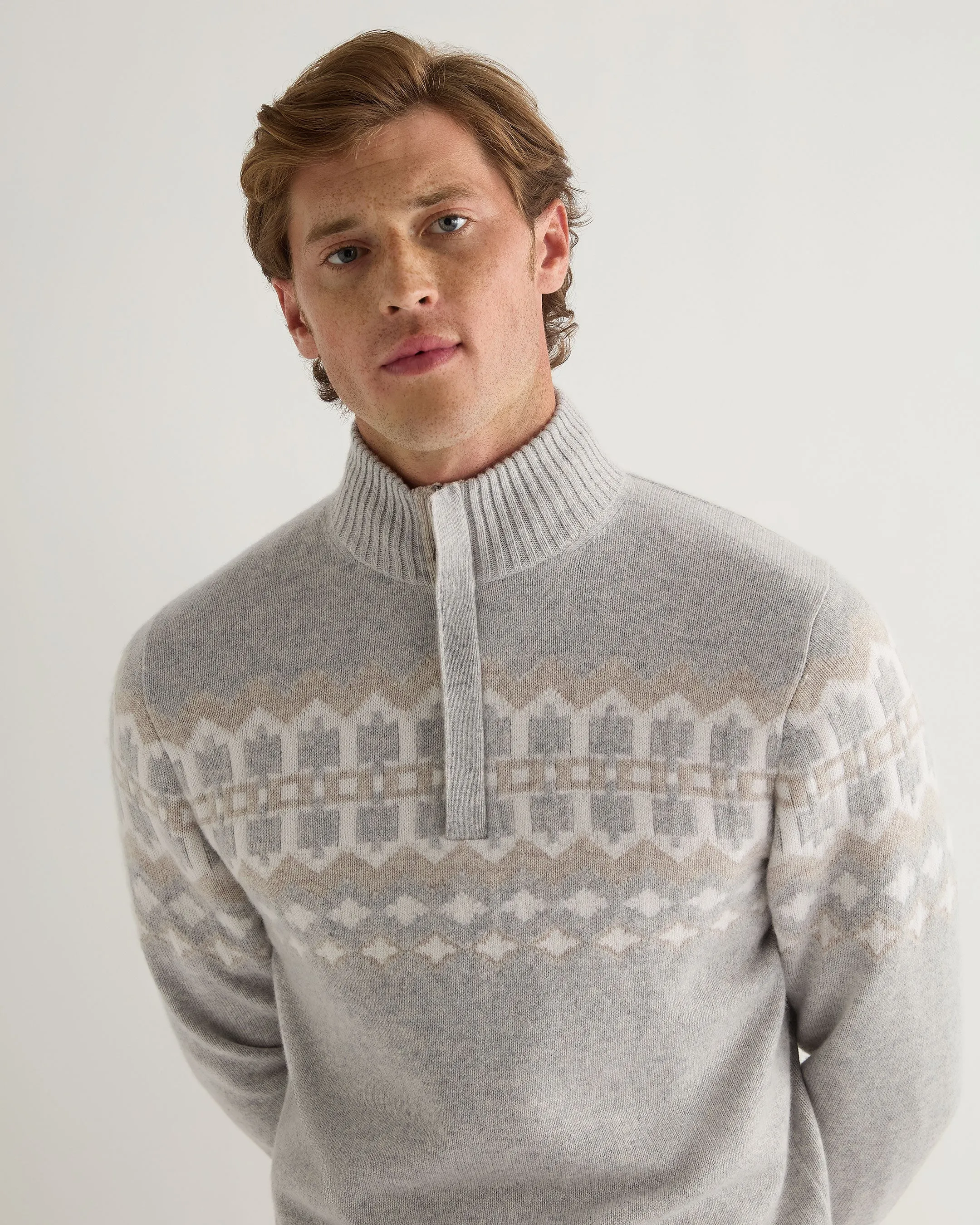 Men's Jacquard Half Zip Cashmere Sweater Fumo Grey