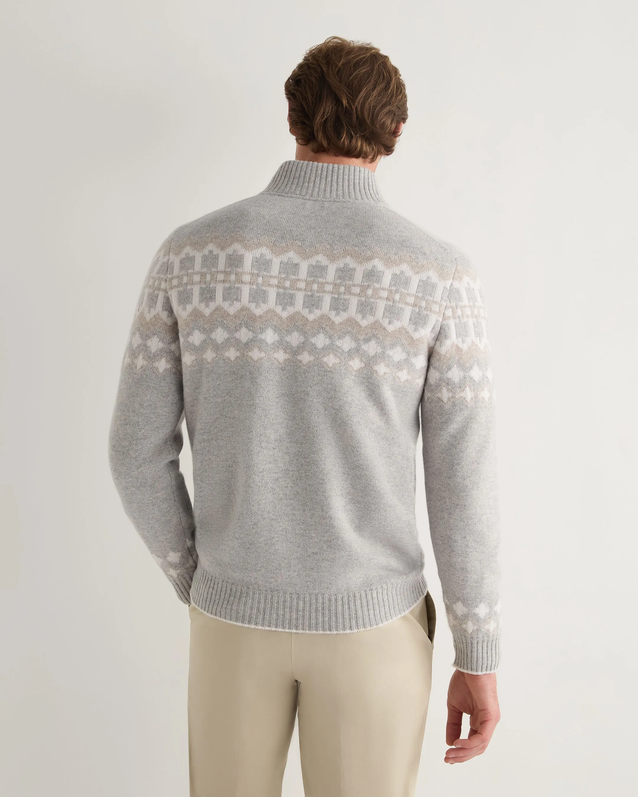 Men's Jacquard Half Zip Cashmere Sweater Fumo Grey