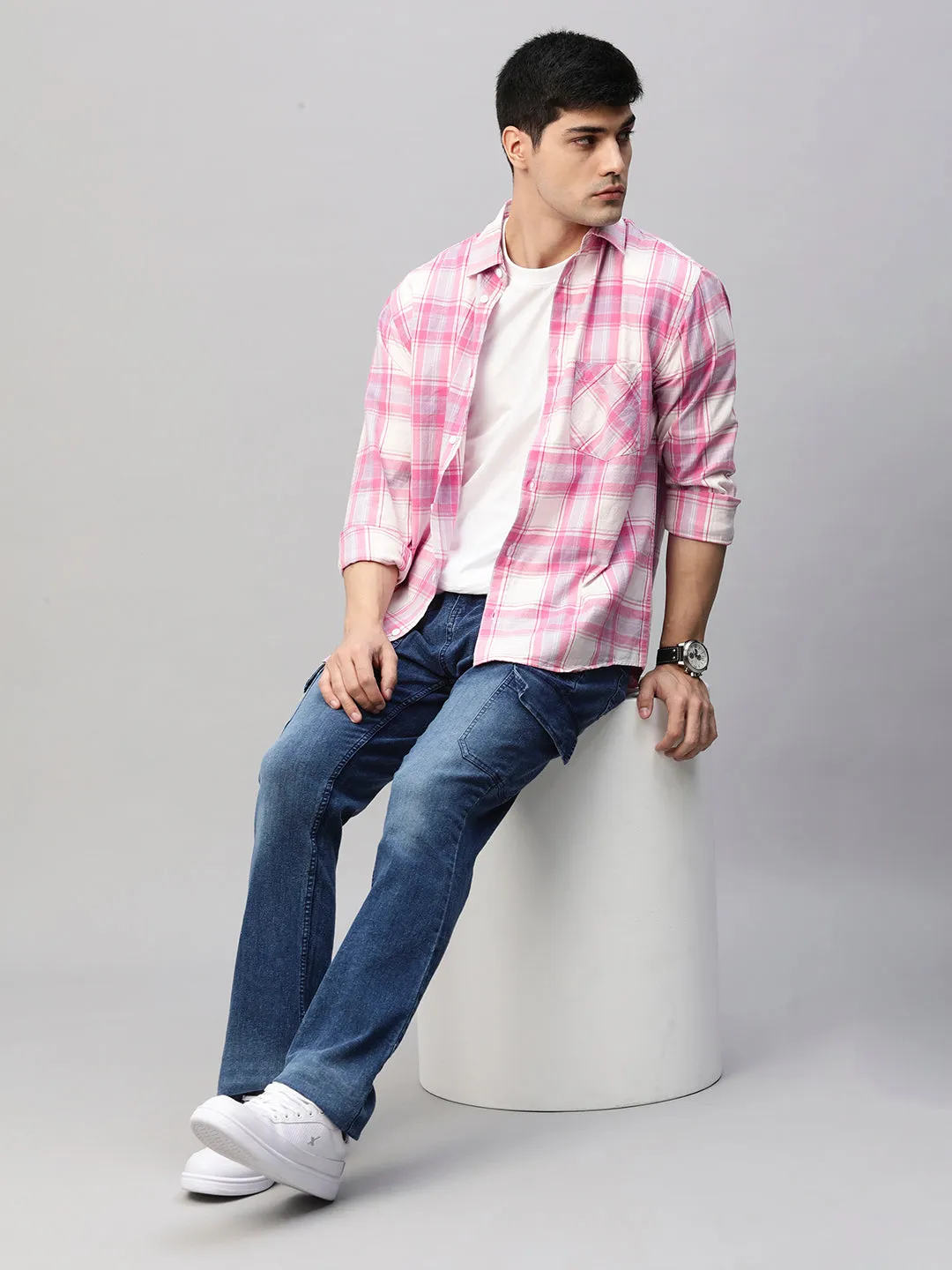 Mens Pink and White Check Relaxed Fit Shirt