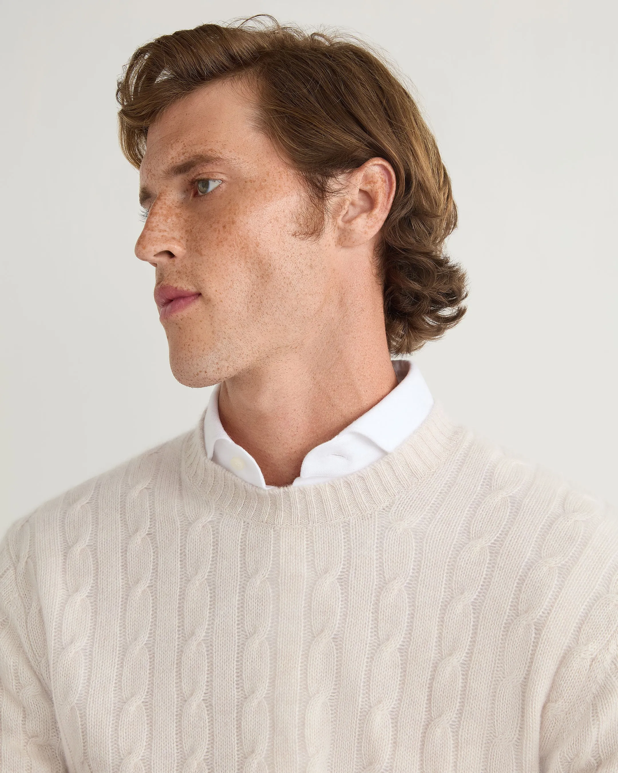 Men's Thames Cable Round Neck Cashmere Sweater Frost White