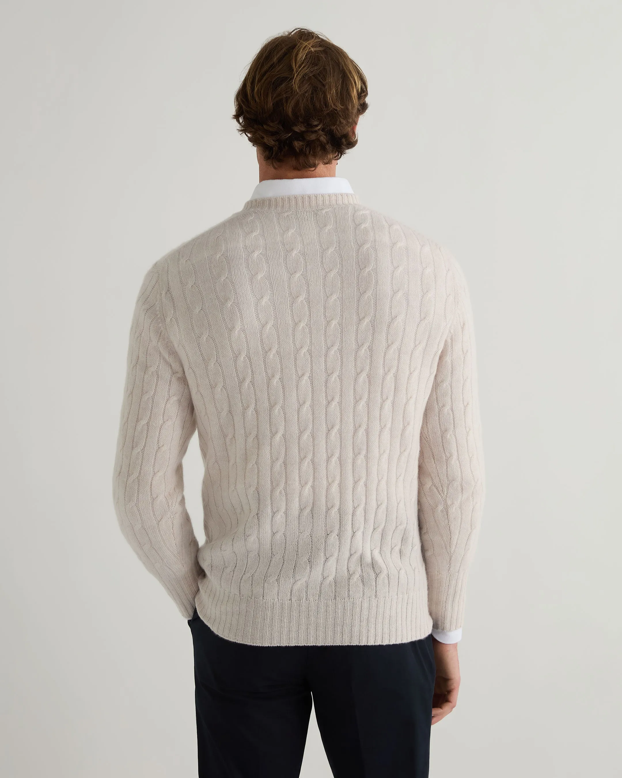 Men's Thames Cable Round Neck Cashmere Sweater Frost White