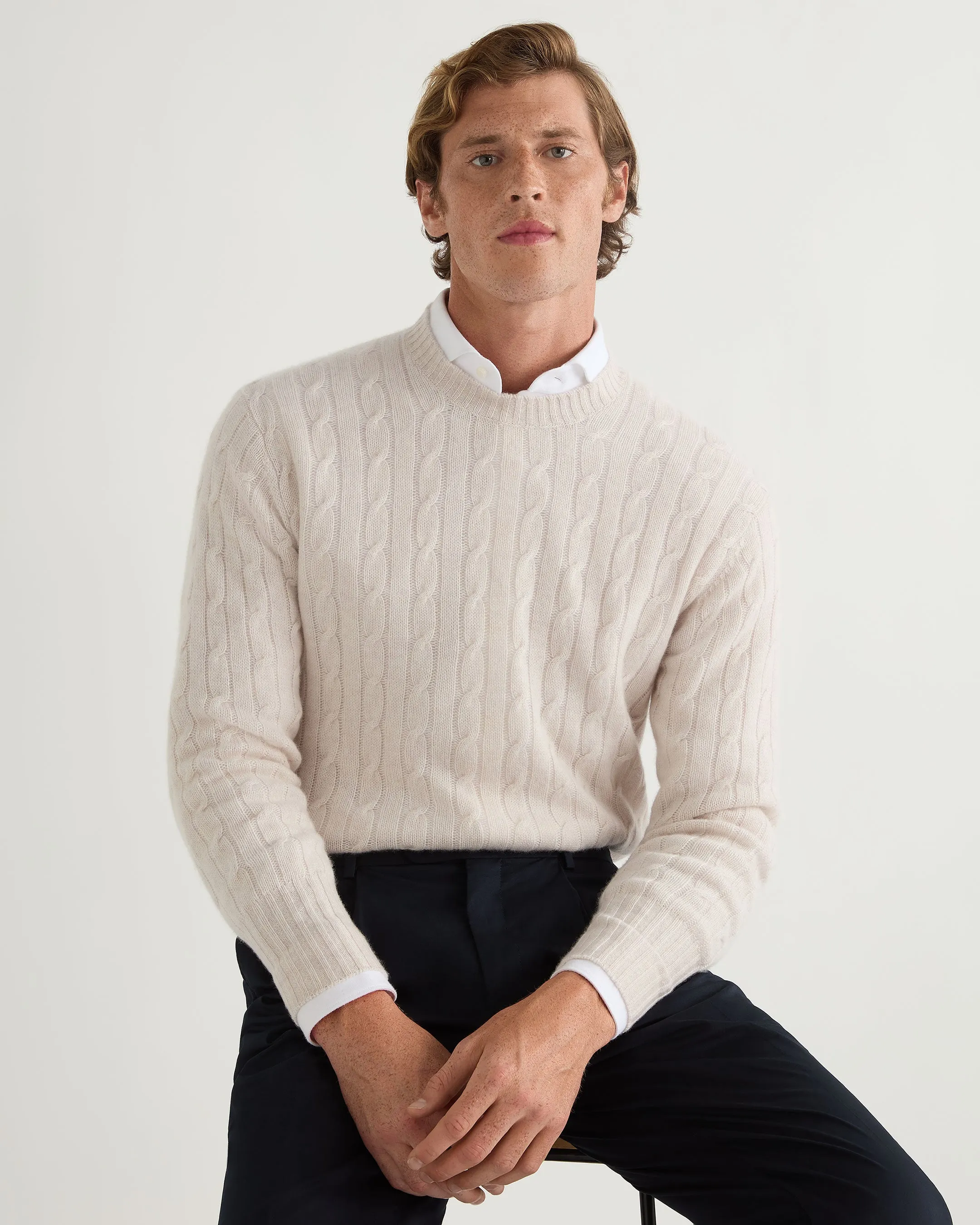 Men's Thames Cable Round Neck Cashmere Sweater Frost White