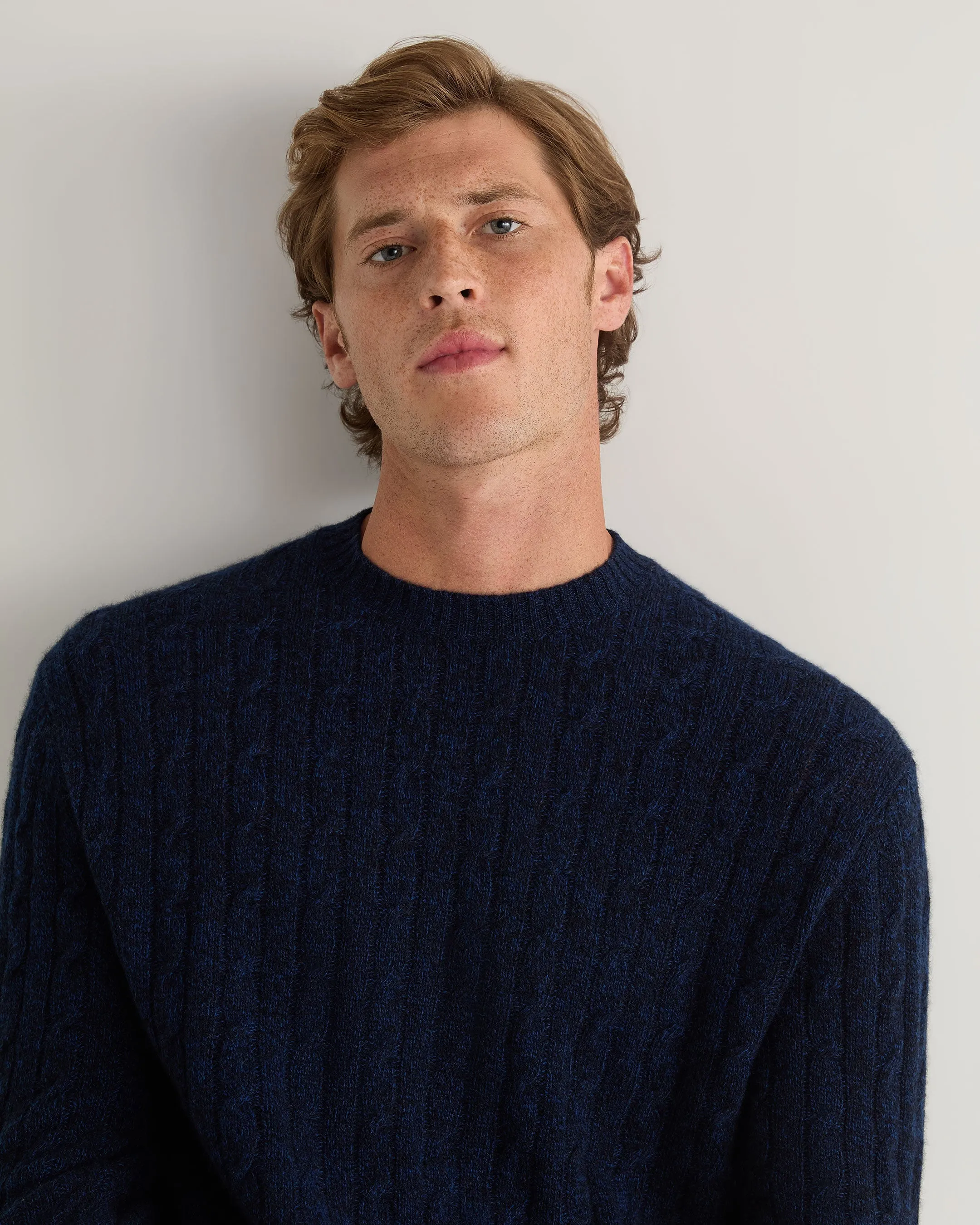 Men's Thames Cable Round Neck Cashmere Sweater Navy Blue Melange