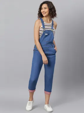 NaughtyDungaree® Women Denim Dungaree with Gingham Check Bottom Hem-Fold